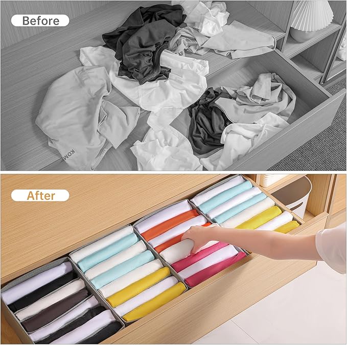 Coorganisers4 Packs T-shirt Drawer Organizers for Clothing,8 Grids Compartment Wardrobe Storage Box, Clothes Organizer for Folded Clothes, T-shirt, Legging-12.59''x9.05''x5.9
