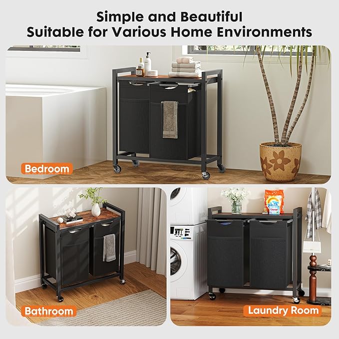 Sweetcrispy Laundry Hamper with 2 Pull-Out Removable Sorter Bags 2 × 13.1Gal (99L) Capacity, Movable Wheels, Freestanding Clothes Basket Organizer in Bathroom, Rustic Brown and Black