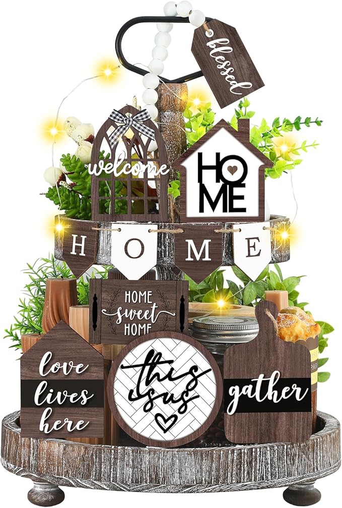 Set of 11 Summer Farmhouse Tiered Tray Decor Rustic Home Tiered Tray Decorations Set Wooden Signs Home This is Us Farmhouse Tabletop Wood Signs for Kitchen Table Shelf Decor