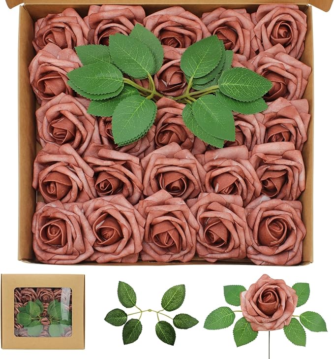Artificial Flowers Warm Taupe Roses 50PCS Real Looking Foam Fake Roses with Leaves and for DIY Wedding Bouquets Bridal Shower Centerpieces Party Decorations (Warm Taupe)