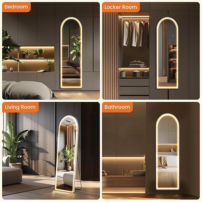 Sweetcrispy Full Length Mirror with LED Lights, 60"x16" Lighted Floor Mirror with Dimming & 3 Color Lighting, Stand for Bedroom, Dressing Room, Arched