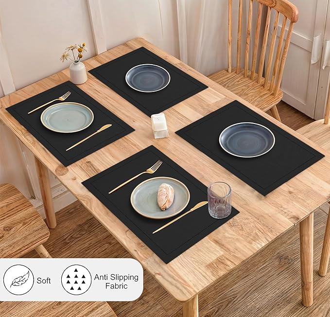 Ruvanti Linen Placemats Set of 6-13x19 Inch, Classic Hemstitch, Heat Resistant Machine Washable Place Mats, Soft & Elegant- Perfect for Christmas, Thanksgiving, Easter, Weddings, Dinner - Black