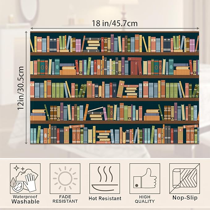 Bookshelf Placemats Set of 6,Library Book Place Mats Heat Resistant Washable Non-Slip Table Mats for Party Kitchen Dining Decor 12x18 Inch