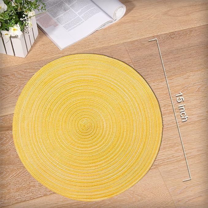 Noctiflorous Round Braided Placemats 15 Inch Round Table Mats Set of 6 for Dining Tables Natural Woven Heat Resistant Place Mats (Round Yellow)