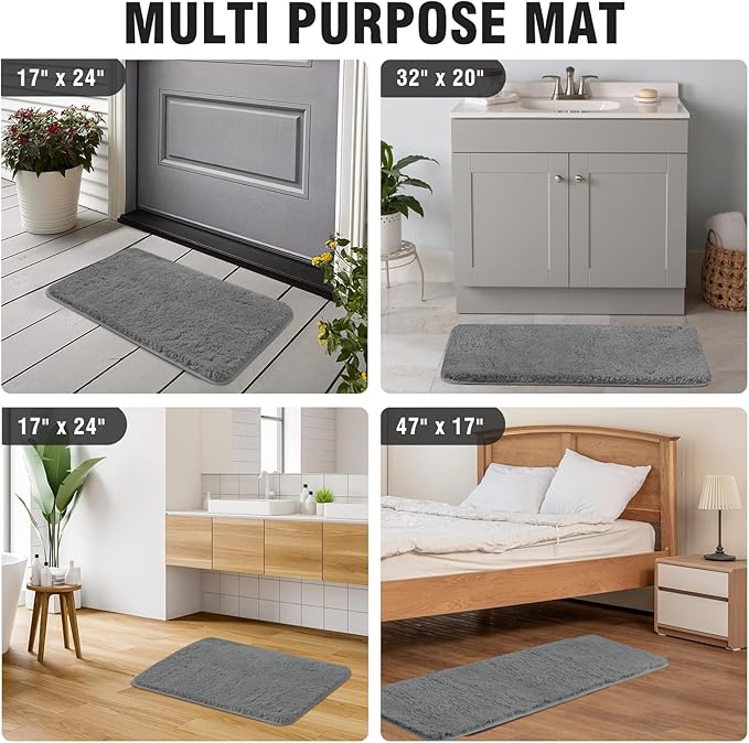 TECHMILLY Super Soft Shaggy Bathroom Rugs, Absorbent Thick Non Slip Microfiber Bath Rugs, Quick Dry Machine Washable Bath Mat for Bathroom Floor, Bathtub and Shower 24"x36" Grey
