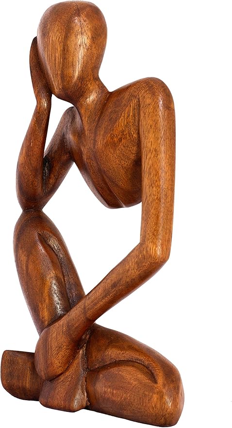 12" Wooden Handmade Abstract Sculpture Thinker Statue Handcrafted - Thinking Man - Gift Art Modern Decorative Unique Home Decor Figurine Accent Decoration Artwork Hand Carved (Brown)
