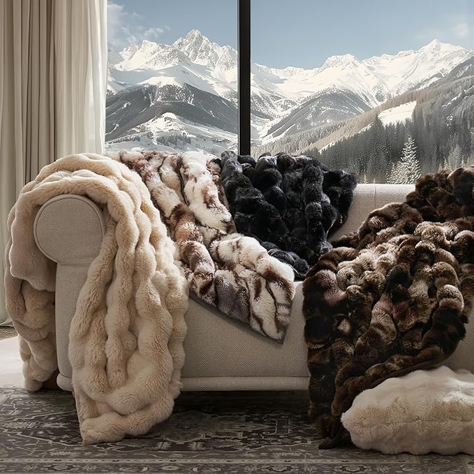 EVERGRACE Ultra Soft Luxury Fluffy Ridgeline Faux Rabbit Fur Throw Blanket, Thick Warm Bubble Throw for Bed, Cozy Plush Reversible Blankets for Couch, Chair, Sofa, Cream, 80x90 Inches, 870 GSM