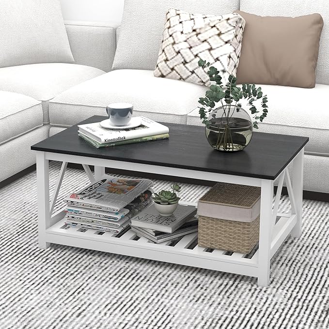 Farmhouse Coffee Table for Living Room, 2-Tier Rectangular Wooden Centre Cocktail Table with Slats Shelf Storage and V-Shaped Frame, Oak Blak