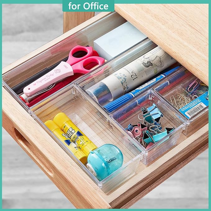 6 Pack Clear Drawer Organizer, Acrylic Drawer Storage Trays, Storage Bins for Makeup, Cosmetics, Jewelries, Utensils, Gadgets, Office