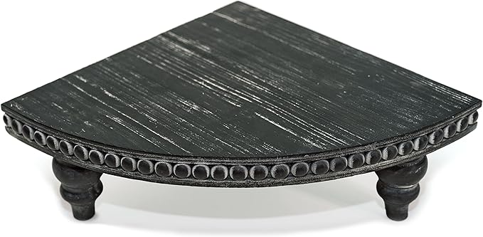 Corner Pedestal Stand Rustic Decor Riser for Display - Farmhouse Wood Rounded Beaded Tray for Kitchen and Bathroom Countertop Organizer, Coffee Bar, Plant Stand with Removable Feet (Rustic Black)