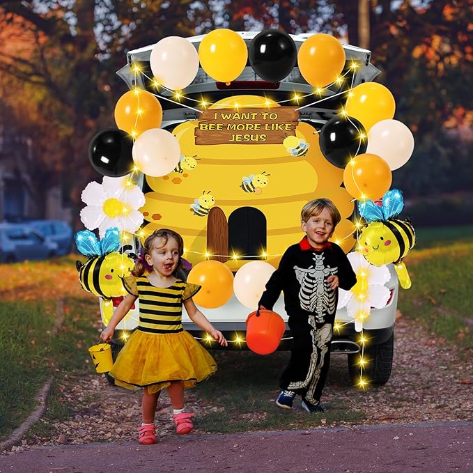 Halloween Trunk or Treat Car Decorations Kit - Halloween Car Decor with Bee Theme Banner, Balloons, Yellow String Lights, Halloweens Outdoor Decorations for Cars SUV Garage Door Entryway Archway