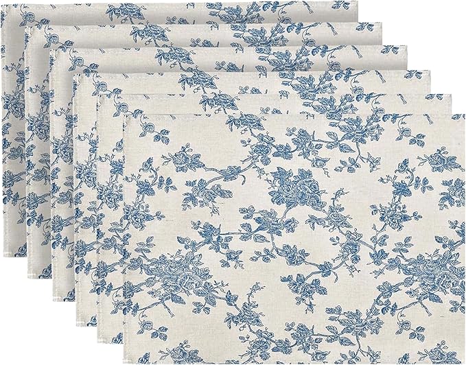 Pastoral Placemats for Dining Table Set of 6, Reversable & Heat-Resistant Non-Slip Place Mats for Kitchen Table Mats 13 x 19 Inch, Floral (Dark Blue)