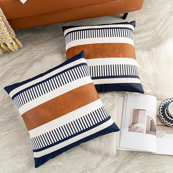 Decorative Accent Pillow Covers 20x20 Boho Couch Pillow Case Set of 2 Modern Farmhouse Stripe Cushion Cover for Sofa Bed Living Room, Navy Blue