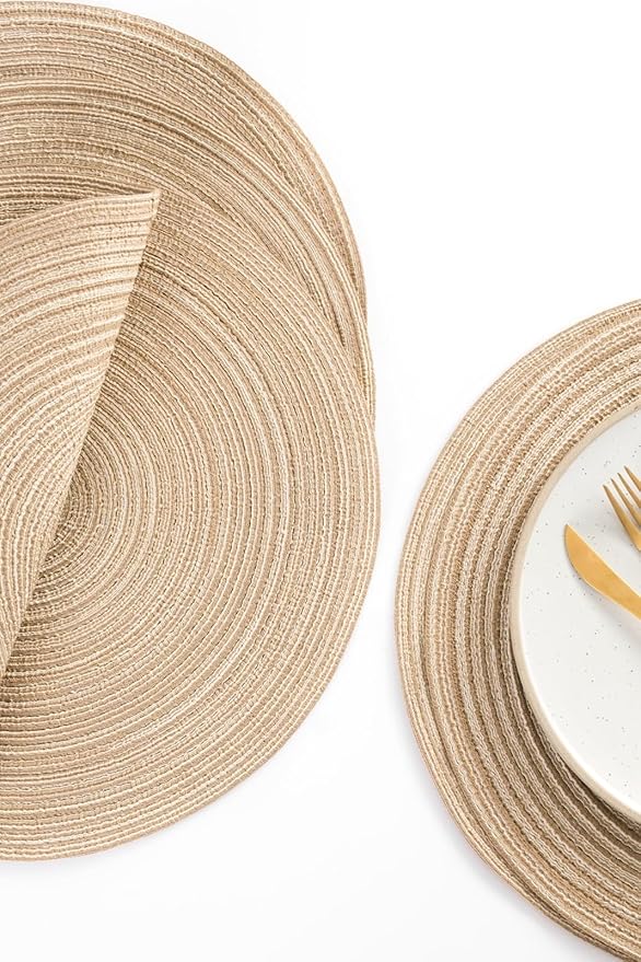 Floroom 15 Inch Round Braided Placemats Set of 6, Washable Heat Resistant Cotton Polyester Circle Place Mats for Kitchen Dining Table - Dunes Khaki