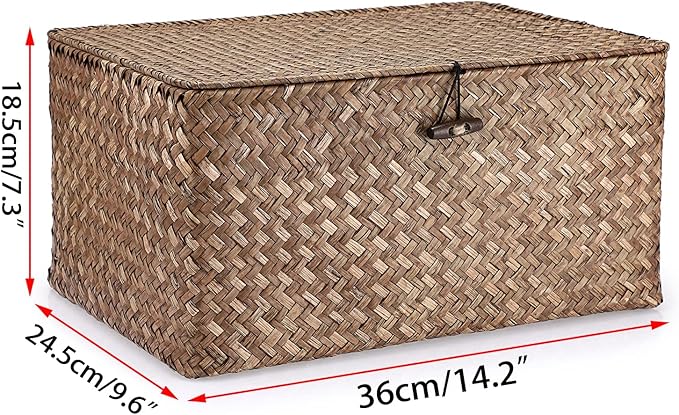 Hipiwe Wicker Shelf Baskets Bin with Lid, Handwoven Seagrass Basket Storage Bins Rectangular Household Basket Boxes for Shelf Wardrobe Home Organizer, Coffee Large