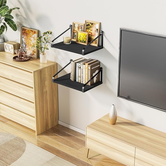 Love-KANKEI Floating Shelves Wall Mount Rustic Wood Wall Shelves with Large Storage L16.5 x W12 inch for Kitchen Living Room Bathroom Bedroom Set of 2 Black