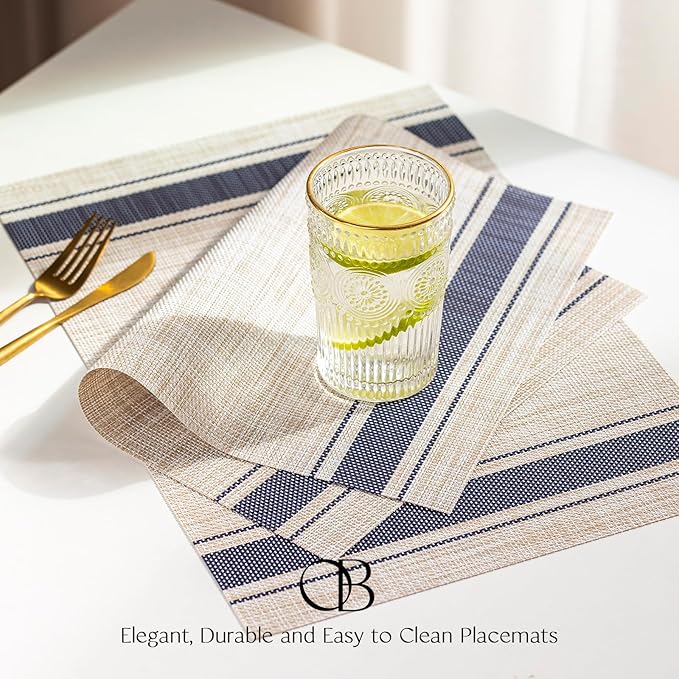 Placemats Set of 12 - Easy Clean Woven Vinyl Placemats for Dining Table, Indoor/Outdoor Place Mats, Washable PVC Table Mats(Blue Skyline)