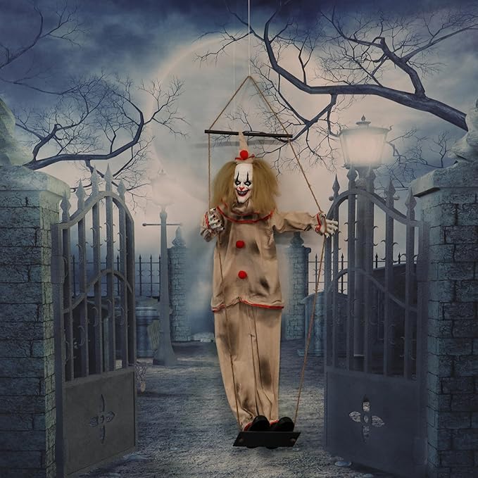 Haunted Hill Farm Scary Swinging Talking Clown Animatronic with Touch Activated Lights and Sounds, Battery Operated Indoor or Covered Outdoor Decoration, Creepy Halloween Prop