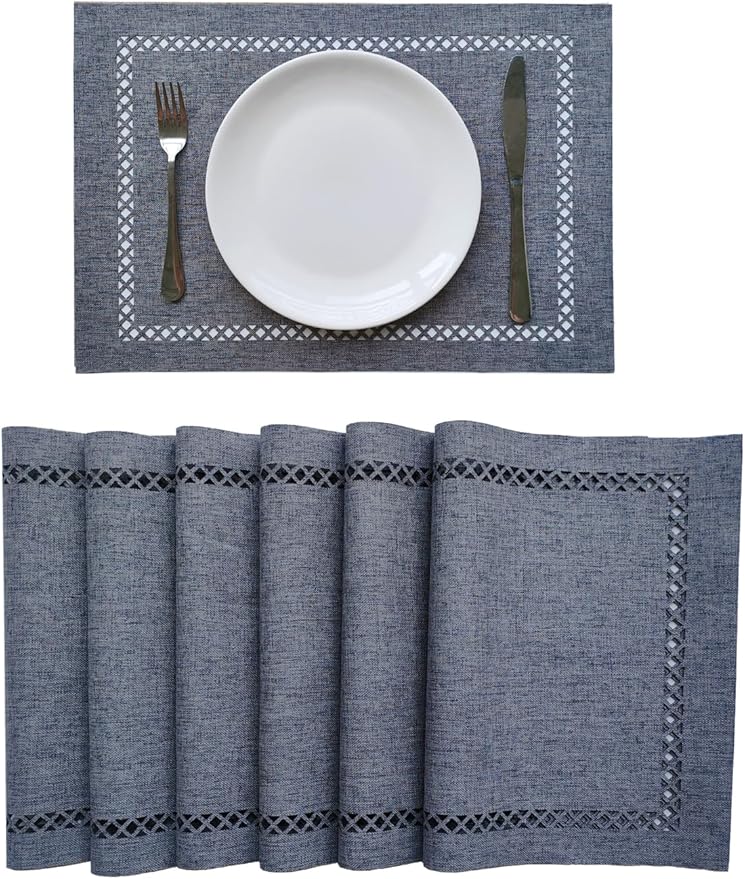 Placemats Set of 6 for Dining Table with Hollow Edge Design- Table Mats 12x 18 Inch, Cloth Place mats Machine Washable (Grey 6pcs)