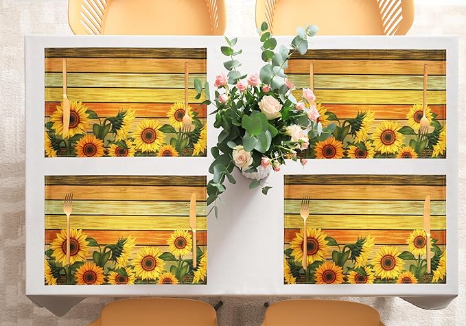 Sunflower Table Placemats Set of 4 - Heat Resistant Washable Wipeable Linen Fabric Rectangle Place Mats Table Mats for Kitchen Dining Dinner- 18 X 12 Inch, Yellow