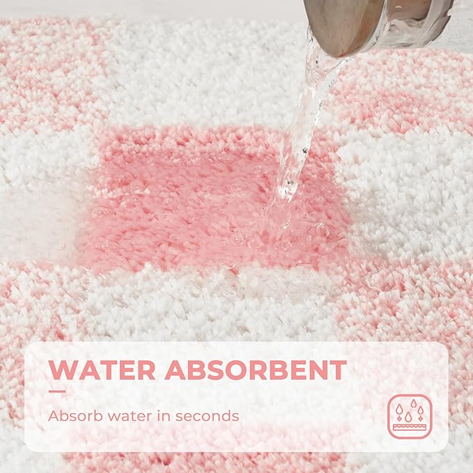 GRANNY SAYS Checkered Pink Bathroom Rugs, 48" x 24", Fluffy Rug, Absorbent Microfiber Ultra Soft Bath Mat Washable, Non-Slip Bath Mats for Bathroom, Cute Floor Mat for Tub, Shower, Bedroom