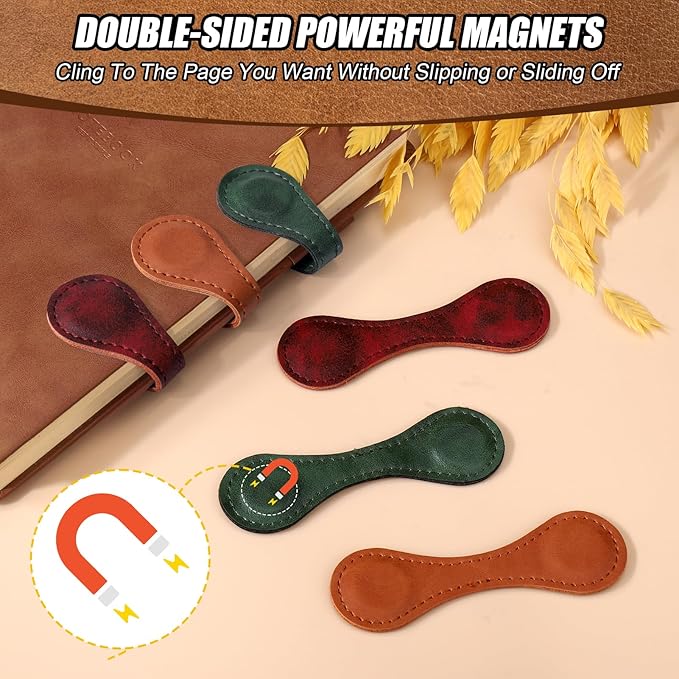 Palksky Magnetic Bookmarks, 3PCS Genuine Leather Bookmark Vintage Book Mark for Women Double-Sided Magnetic Page Markers Leather Page Clip Buckles Reading Supplies Gift