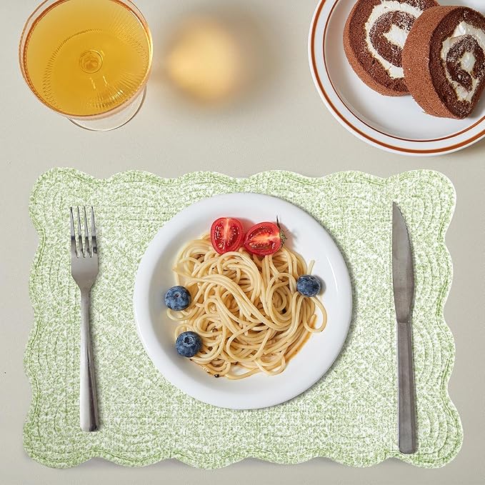 HOMBYS Quilted Placemats Set of 6 Washable-13x18 inches Rectangular Placemats for Kitchen Table-100% Cotton Fabric Rectangular Table Mats, (White with Light Green)