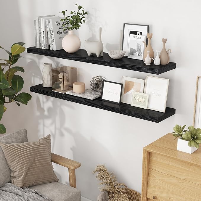 55"W x 9"D Floating Shelves Set of 2, 9.3 Inch Deep Floating Shelves Wall Mounted, Wide Wall Shelves Invisible Bracket, Deep Storage Shelves for Living Room, Bathroom, Kitchen, Black Color