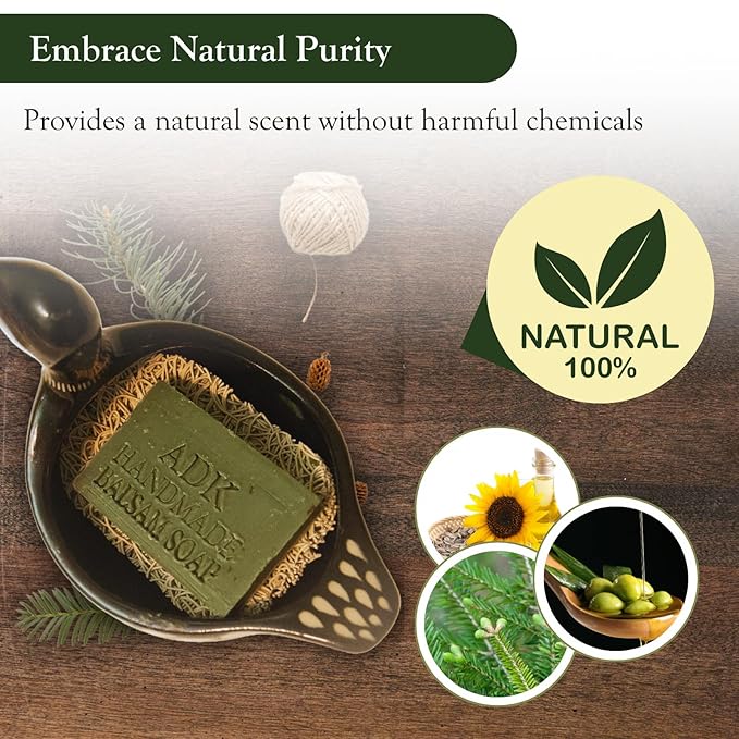 Adirondack Fragrance & Flavor Farm ADK Natural Balsam Soap Bar 4 oz., Handmade Vegan Olive Oil Body Soap for Dry and Sensitive Skin, Moisturising for Men, Women & Babies