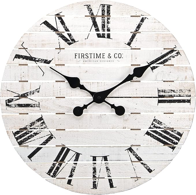 FirsTime & Co. White Farmhouse Shiplap Wall Clock, Large Vintage Decor for Living Room, Home Office, Round, Wood, Boho, 18 inches
