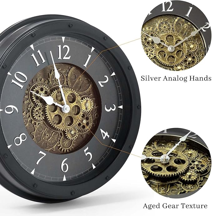 Wall Clock with Moving Gears, Vintage Industrial 16-Inch Silent Non-Ticking Steampunk Timepiece, Retro Frame Analog Battery Operated Rustic Mechanical Decor for Living Room, Home, Office, Loft (Black)