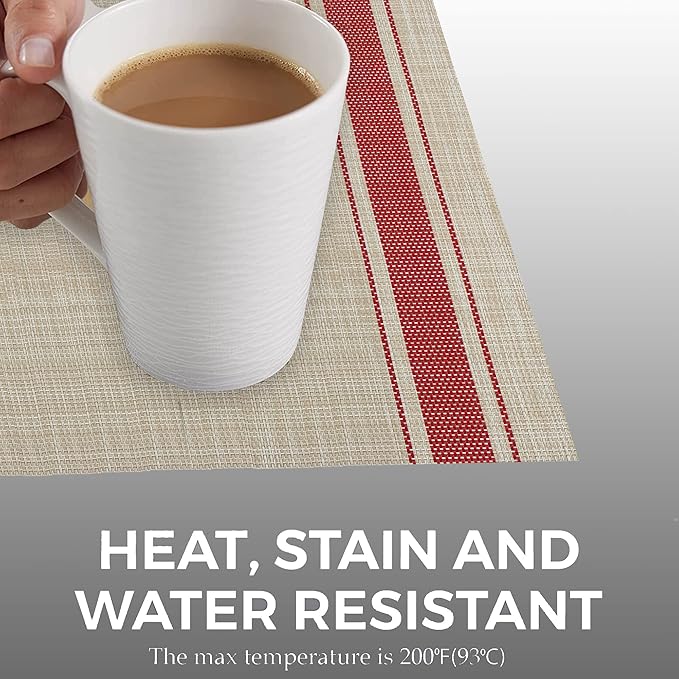 More Décor Dining Table Placemats, Washable Heat-Resistant PVC Vinyl Table Mats for Dining Room and Kitchen, Anti-Slip - Set of 6 - Vertical Striped Red - Grey