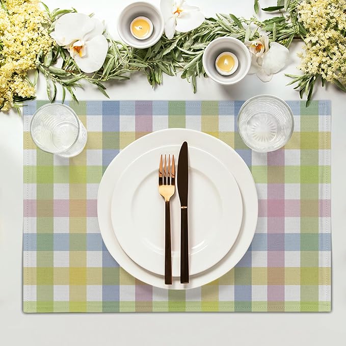 Spring Easter Placemats Set of 4 Linen Colorful Plaid Pink Green Place Mat Washable Non-Slip Heat Resistant 12×18 Inch Thick Place Mats Decorative Fabric Table Mat for Dining Table
