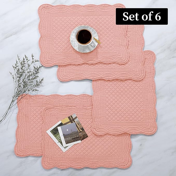 HOMBYS Quilted Placemats Set of 6 Washable-13x18 inches Rectangular Placemats for Kitchen Table-100% Cotton Fabric Rectangular Table Mats, (Blush)