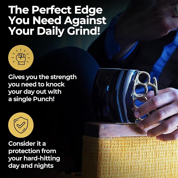 Caliber Gourmet Brass Knuckles Cup - Black and Gold Ceramic Self-Defense Novelty Coffee Mug, Unique Knuckles Mug for Collectors, Perfect Odd Coffee Mug Gift Idea for Christmas, Father's Day & More