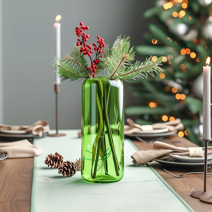 ComSaf Glass Flower Vase, 8 Inch Tall Bud Vases, Home Decor Vases for Centerpiece for Living Room and Bedroom, Decorative Vases for Wedding, Valentines' Day, Mother's Day (Green)