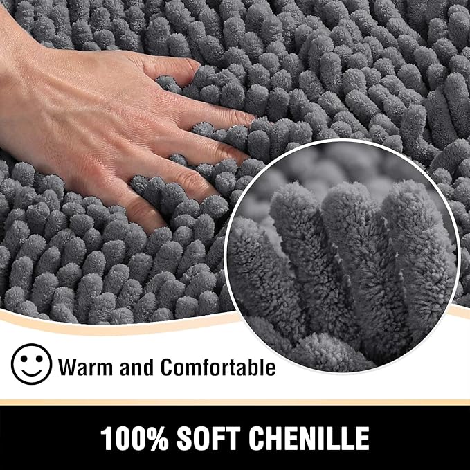 H.VERSAILTEX Luxury Chenille Bathroom Rugs - Non-Slip Bath Mats, Extra Soft Absorbent Shaggy, Washable Fast Dry 2 Piece Set (Grey, 20" x 32"/17" x 24")