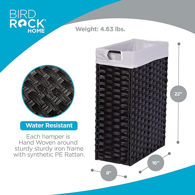 BIRDROCK HOME 22" Laundry Hamper with Removable Liner Bag - Handwoven PE Rattan Clothes Basket - Compact & Collapsible Laundry Storage for Bedroom & Bathroom - Perfect for Small Spaces - Slim, Brown