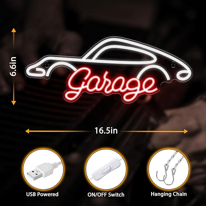 Kavaas Garage Neon Sign, LED Garage Sign for Car Room Decor | Neon Car Sign for Garage Decor, Auto Repair Workshop, Man Cave - Best Gifts for Dad, Car Enthusiast (GRG2)