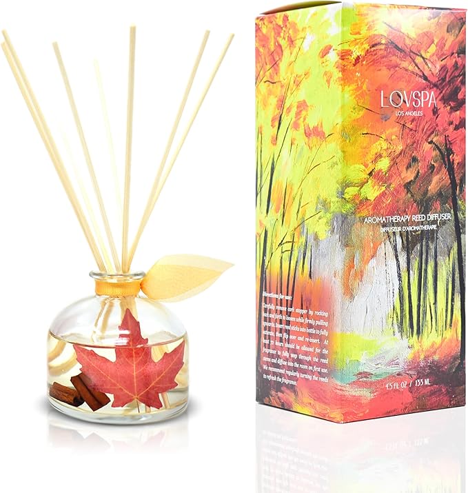LOVSPA Autumn Leaves Spiced Caramel Vanilla Scented Reed Diffuser Room Fragrance - Sweet Caramel, Warm Nutmeg, Cinnamon & Vanilla Cream - Decorated with Real Fall Leaves! Great Kitchen Scent