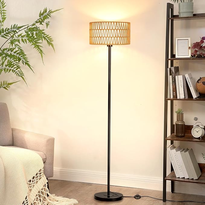 Rattan Boho Floor Lamp with Black Metal Base and LED Bulb - Double Shades, Farmhouse Rustic Design for Living Room, Bedroom, Office