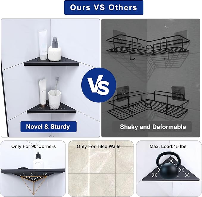 8" Corner Shower Shelf, 2-Pack Shower Shelves SUS304 Stainless Steel Bathroom Shelves for Tile Walls, Recessed Corner Shelf Organizer Rack, No Drilling (Matte Black)