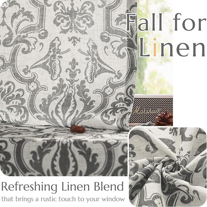 Jinchan Linen Curtains for Bedroom and Living Room - Grey Damask Patterned, 90 Inches Long, Light Filtering, Vintage Baroque Style Drapes With Grommets - 2 Panels Set