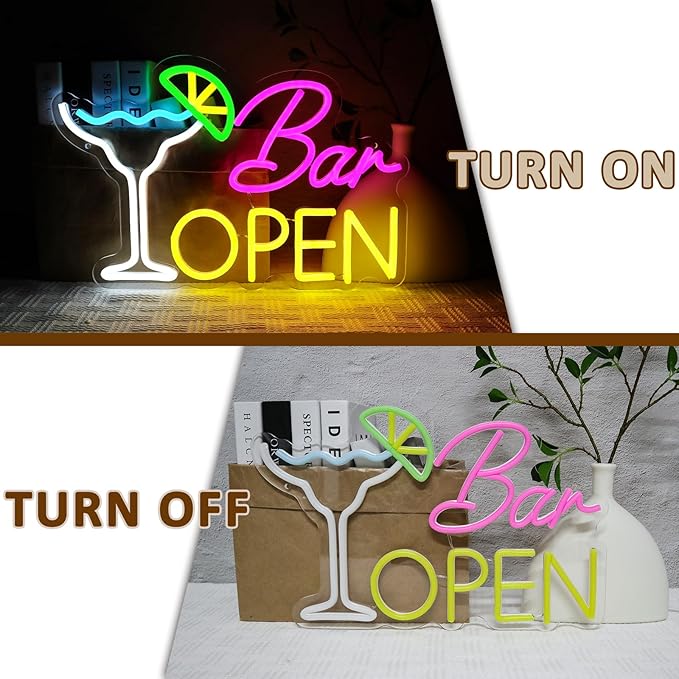 Bar Open Sign for Business, Neon Open Sign, USB Dimmable Cocktails Neon Lights for Beer Bar Coffee Cafe Home Pub Man Cave Stores Hotel Party Window Wall Decor Restaurant