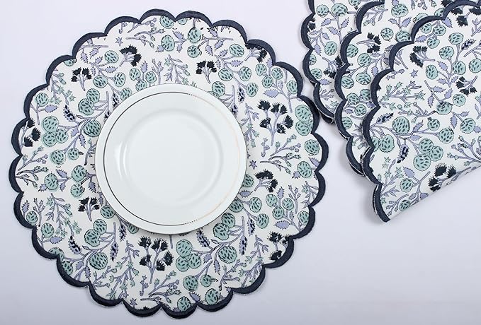Ridhi Bo-ho Round Place Mat Double Layer Floral Cotton Washable Placemats 15" Round Embroidery Block Print Table Mat (Pack of 4-15 Inch Round, Denim Blue)