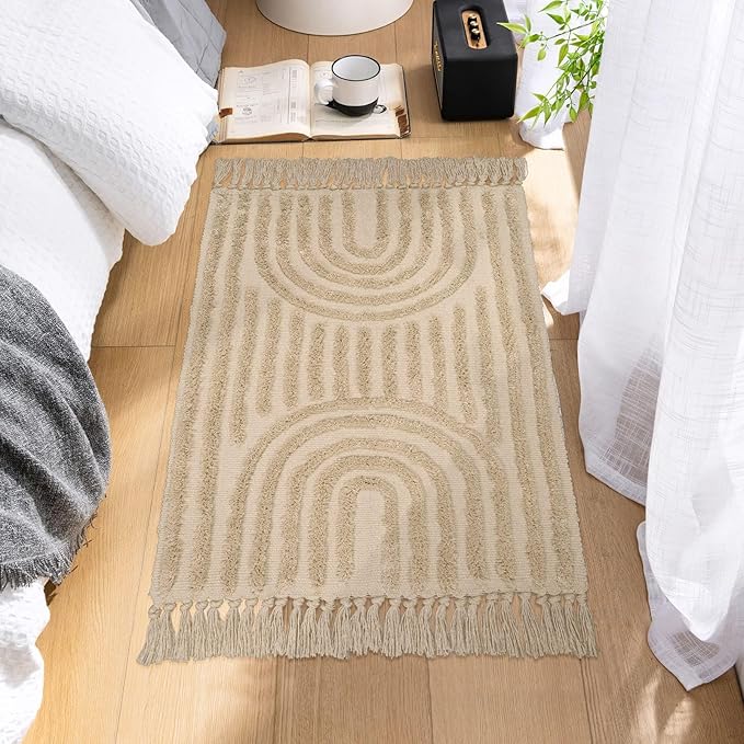 LEEVAN Boho Bathroom Rugs 2'x3', Washable Entryway Rug Front Porch Rugs Tan, Handmade Kitchen Rugs Laundry Room Accent Rug Bohemian Bedside Floor Carpet Farmhouse Rug