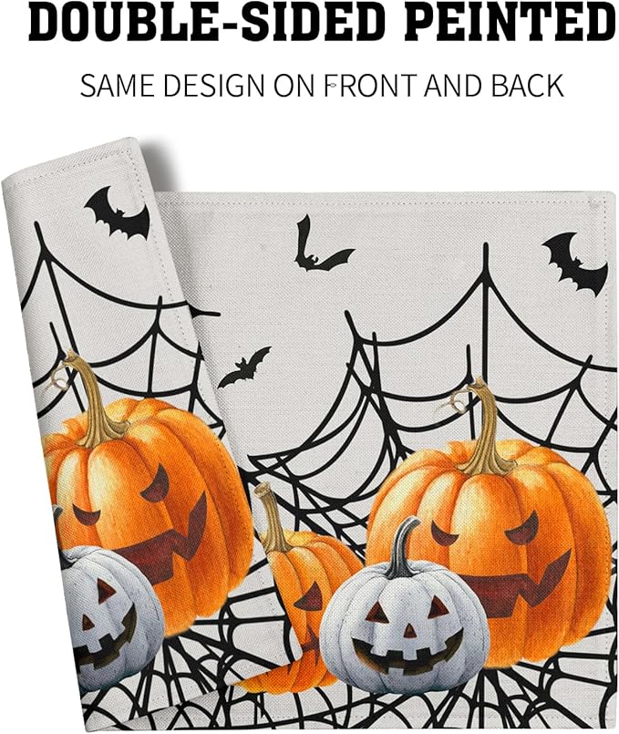 Giwawa Halloween Placemats, Colorful Spooky Pumpkins Spider Web Bats Linen Place Table Mats Washable Stain Resistant for Kitchen Dining Party Holiday Tabletop Decor, Set of 4, 12x18 Inches