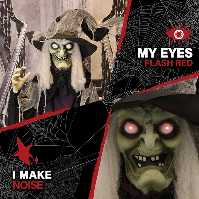 Haunted Hill Farm Life-Size Poseable Scary Talking Witch, Halloween Animatronic with Touch Activated Lights and Sound, Battery Operated Indoor or Covered Outdoor Halloween Decorations, Fright Props