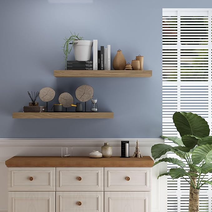 Floating Shelves for Wall - 24 x 9 Inch Natural Wood Shelves for Bathroom, Bedroom, Kitchen Decor, Farmhouse Decor Set of 2