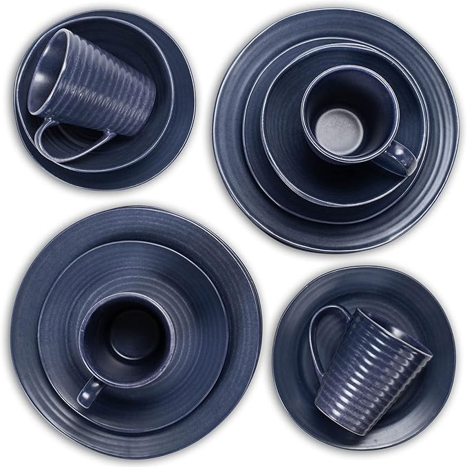 Elanze Designs Charming Chic Ribbed Modern Thrown Pottery Look Ceramic Stoneware Plate Platter Mug & Bowl Kitchen Dish Dinnerware 16 Piece Set - Service for 4, Navy Royal Blue